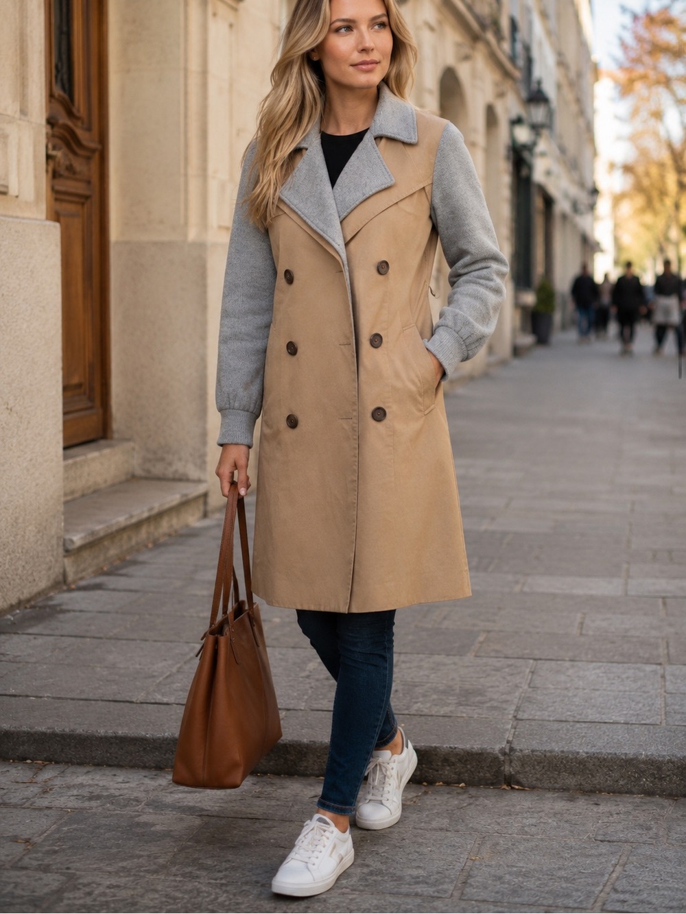 Smoky Camel Gray Mixed Media Double Breasted Trench Coat Knit Sleeve Women’s